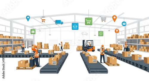 Logistics Warehouse Workflow: Boxes on Conveyors, Forklift, Workers, Delivery Icons