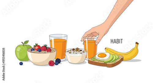 Healthy Breakfast Assortment: Fruits, Cereal, Juice, and Avocado Toast