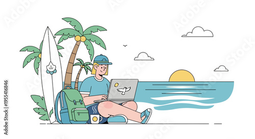 Young person working on laptop on tropical beach with surfboard and palm trees