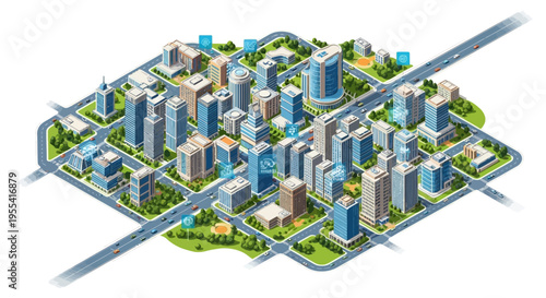 Futuristic Smart City Isometric View - Technology, Urban Planning, Modern Architecture