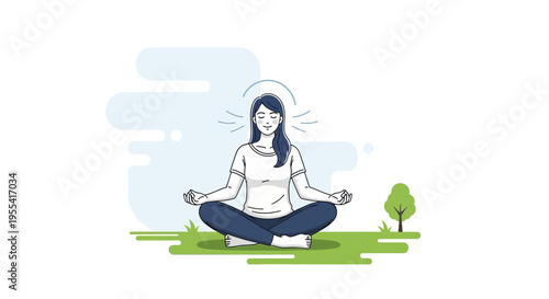 Woman meditating outdoors in a park, practicing yoga and mindfulness for relaxation and balance