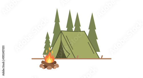 Camping Scene: Tent, Campfire, and Pine Trees