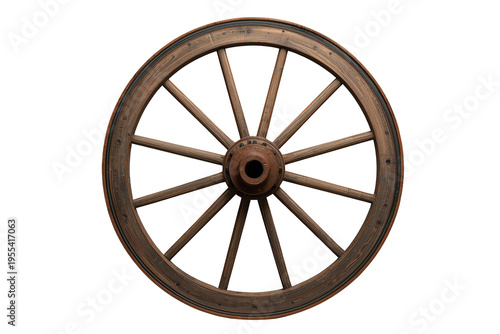 Vintage wooden wagon wheel with spokes and hub, an antique symbol of historical transportation and rustic life