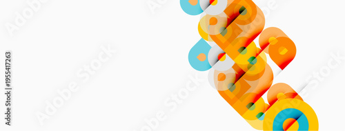 Colorful text arrangement. Overlapping shapes create dynamic visual impact. Bright hues dominate white background. Modern design.