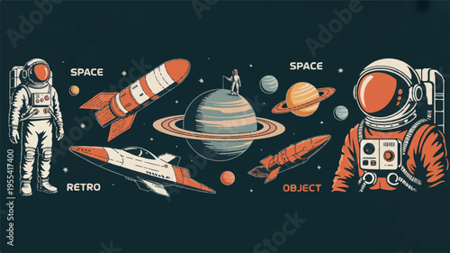 Astronauts explore planets with retro spacecraft in outer space