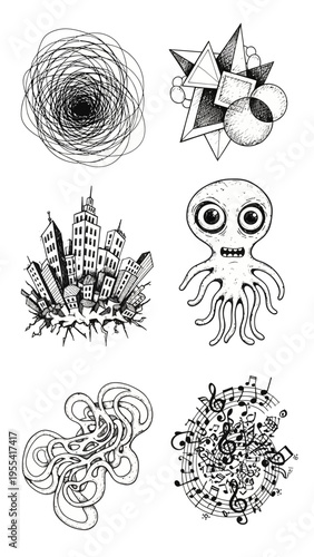 A Collection of Diverse Hand-Drawn Artistic Illustrations Featuring Abstract Shapes and Cityscapes