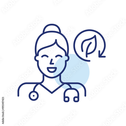 Female doctor wearing stethoscope, leaf and renew arrow. Sustainable medication, healthcare and appointments. Pixel perfect, editable stroke vector icon