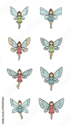 A whimsical collection of eight delicate fairy illustrations with butterfly wings in various