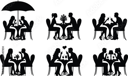 Set of black silhouettes showing romantic couples dining at cafe tables with umbrellas flowers and drinks for date night restaurant and valentines day concepts