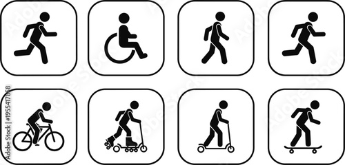 Set of minimalist black and white vector icons featuring human silhouettes engaged in various outdoor activities like running, walking, cycling, skateboarding, and scootering.