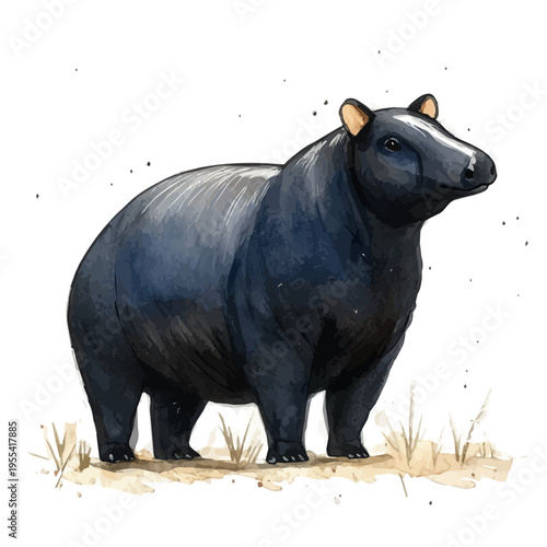 watercolor graphic of Brazilian Tapir illustration, isolated on a white background.
