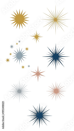 collection of abstract starburst shapes in various metallic and pastel colors