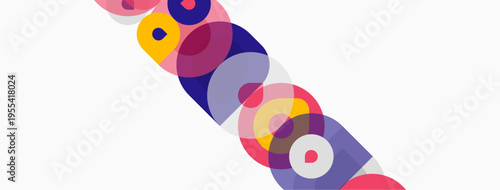 Abstract composition featuring overlapping colorful circles. Shapes vary size, opacity creating dynamic visual effect. Modern design.