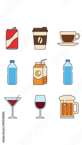 Collection of assorted beverage icons representing drinks for refreshment and enjoyment