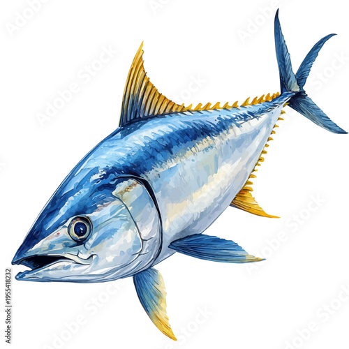 Bluefin Tuna, vibrant watercolor vector, isolated on a white background, high quality and detailed design.