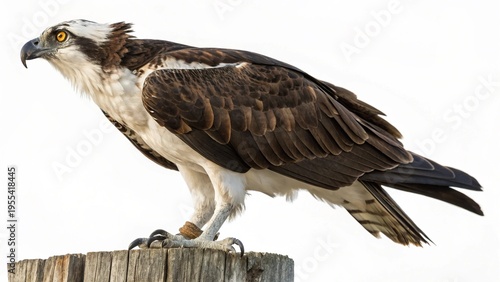 Studio portrait of a majestic Osprey (Pandion haliaetus) perched on a wooden post, isolated on a pure white background.