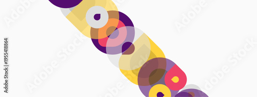 Abstract circles overlap, creating vibrant color patterns. Diagonal composition with purple, yellow, pink hues. Minimalist design, clean background.