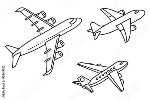 Collection of stylized airplanes in various poses against a white background, cartoon style