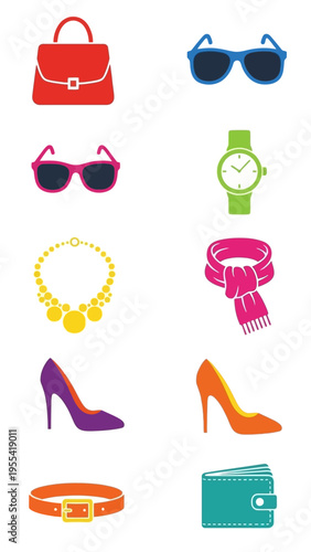 Collection of fashionable accessories for women including bags sunglasses shoes jewelry and watch