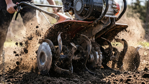 Close-up dynamic shot of a power tiller with aggressive metal tines digging deeply into rich dark soil