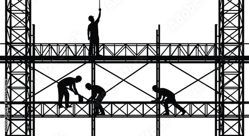 Silhouette of construction workers building high rise structure on scaffolding industrial metal crane frame background development site engineering safety teamwork and labor concept