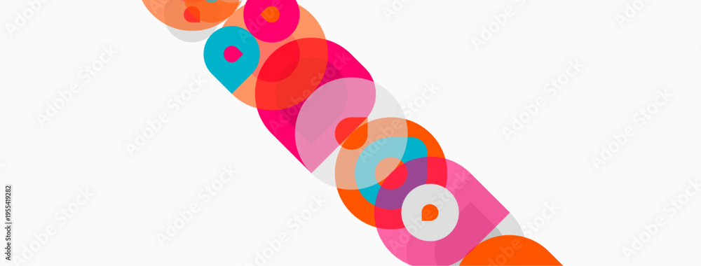 Fototapeta premium Abstract colorful circles overlap diagonally across white space. Bright hues create dynamic visual pattern. Simple geometric shapes dominate composition.