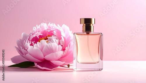 Elegant Perfume Bottle with Peony Flower on Soft Pink Background Luxury Fragrance Advertisement Beauty and Aromatherapy Concept.