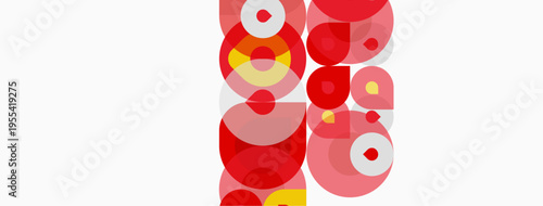 Abstract composition featuring overlapping circles. Reds, yellows, whites create dynamic visual texture. Minimalist design, modern aesthetic.