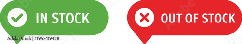 In Stock and Out of Stock Label Icon Set with Checkmark and Cross Symbols for Retail Inventory Status, Product Availability Notices, and E Commerce Design