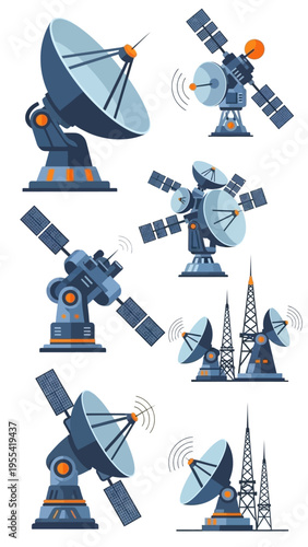 Collection of modern satellite dishes and communication towers for satellite communication and
