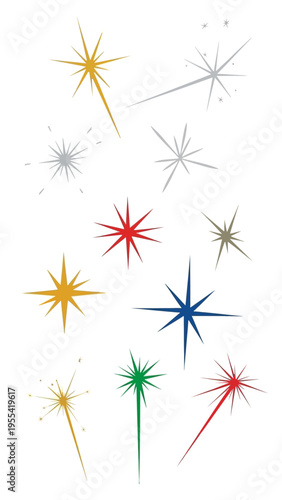 Collection of sparkling starbursts and glitter effects in various vibrant colors and sizes