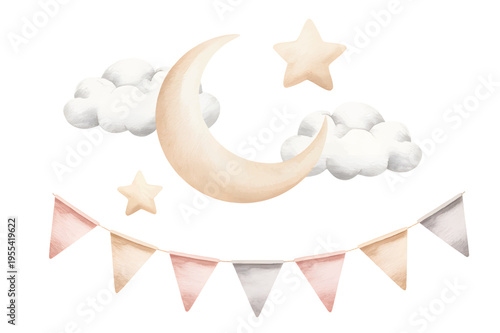 Watercolor nursery sky elements with crescent moon, clouds and stars.