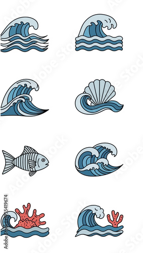 Collection of stylized ocean wave illustrations and marine life elements