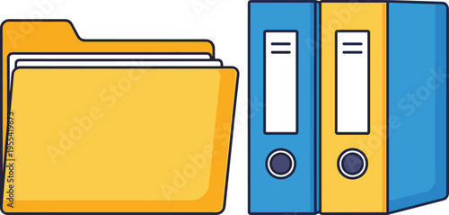 Office File Folder and Ring Binder Illustration Set with Document Storage Symbols for Business Organization, Record Management, and Workplace Graphic Design