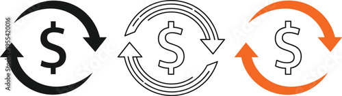 Currency Exchange Arrow Icon Set with Dollar Symbol and Circular Rotation Indicators for Financial Transactions, Money Transfer Systems, and Banking Interface Design
