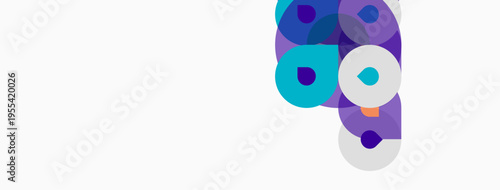 Abstract shapes, purple hues dominate. Overlapping circles create dynamic composition. Minimalist design, clean background. Modern aesthetic.