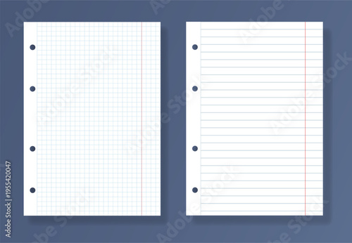 Realistic school paper sheets with red margins and binder holes squared and lined notebook pages isolated on blue background. Vector illustration