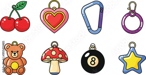 Cute keychain charms illustration set with cherry heart carabiner ring teddy mushroom billiard ball star and accessory collection