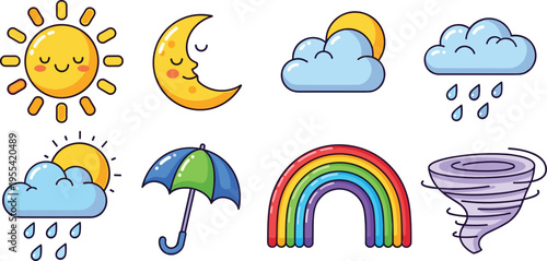 Cute weather icons illustration set with sun moon clouds rain rainbow umbrella and tornado in colorful cartoon style