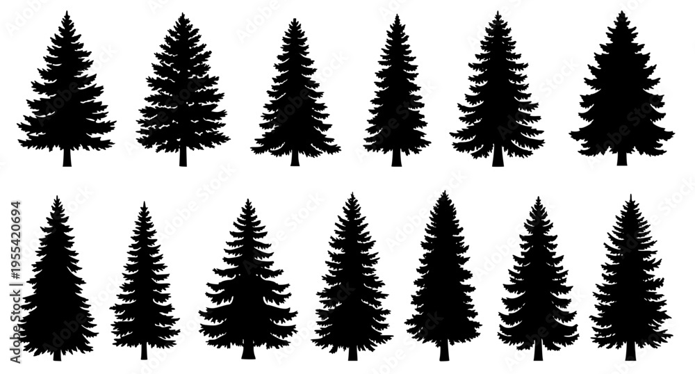 Obraz premium Pine and Spruce Tree Silhouette Collection Forest Conifer Vector Set