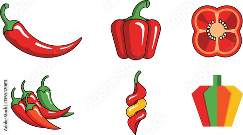 Chili pepper illustration set with red hot peppers capsicum slices and spicy vegetable elements for food design collection