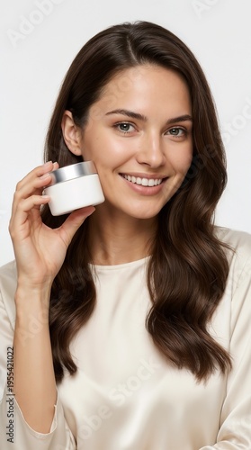 Beautiful brunette woman with flawless skin holding a white cosmetic cream jar on white background