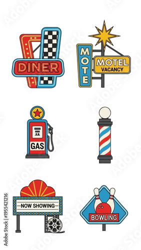 Retro American Diner, Motel, Gas Station, Barber, Cinema and Bowling Signs Collection