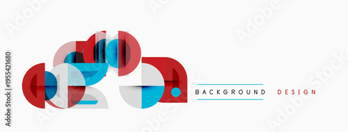 Abstract geometric shapes overlap, creating modern visual design. Blue, red, teal hues dominate white background. Minimalist style.