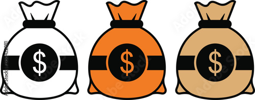 Money Bag Icon Set with Dollar Symbol Illustration, Financial Wealth and Savings Concept Design for Banking, Investment Graphics, Business Branding, and Economy Vector Elements