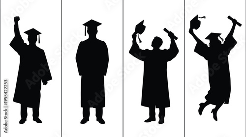 graduation silhouettes set, students celebrating success, academic achievement poses, university graduates collection, education milestone concept, isolated black silhouettes illustration pack