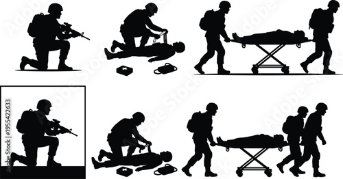 Military soldier medic rescue wounded battlefield evacuation stretcher tactical team silhouette set army emergency aid combat casualty support illustration collection