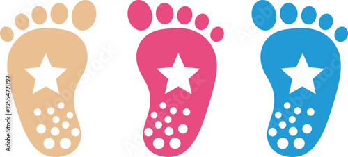 Footprint Icon Set with Star Symbol and Dotted Sole Pattern, Baby Step Illustration for Child Care Branding, Nursery Graphics, Pediatric Health, and Playful Vector Design