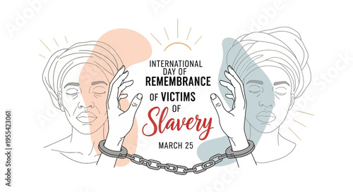 Illustration commemorating International Day of Remembrance of Victims of Slavery with hands breaking chains, symbolizing freedom and human rights on a clean white background with a