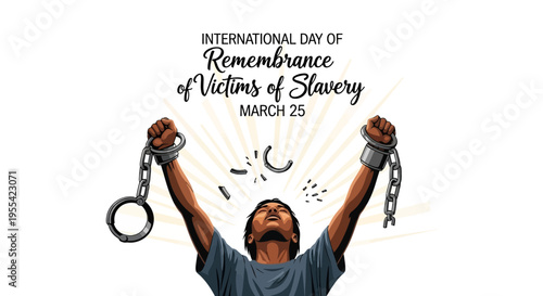 Illustration of a man breaking free from chains on International Day of Remembrance of Victims of Slavery, symbolizing freedom and human rights with a powerful and reflective mood.